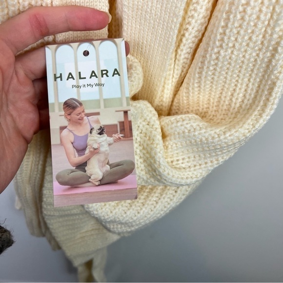 Halara Deep V Neck Bishop Sleeve Lace Up Mini Casual Sweater Dress Cream - Picture 5 of 7